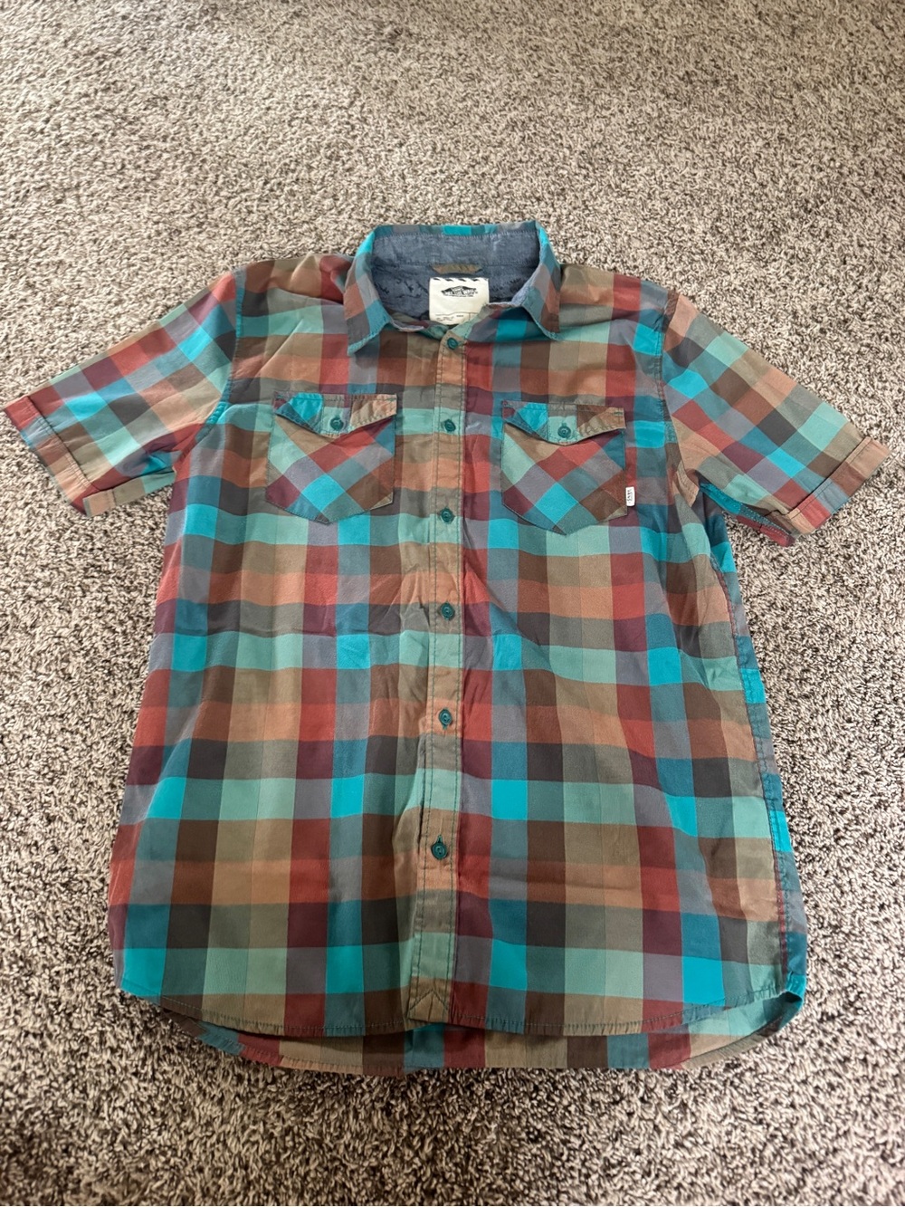 Vans Men’s Short-Sleeve Plaid Button-Up Shirt - Teal & Brown